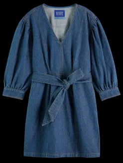 Clearance Scotch & Soda Belted v - neck washed denim dress WashedIndigo