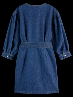 Clearance Scotch & Soda Belted v - neck washed denim dress WashedIndigo