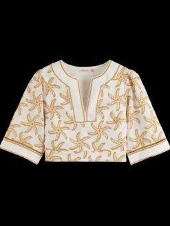 Clearance Scotch & Soda EMBROIDERED LINEN CROP TOP StarfishEmbroidery