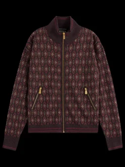 Discount Scotch & Soda JACQUARD KNITTED ZIP-THROUGH JACKET DarkBordeaux