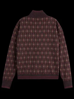 Discount Scotch & Soda JACQUARD KNITTED ZIP-THROUGH JACKET DarkBordeaux