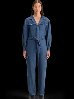 Discount Scotch & Soda LIGHTWEIGHT DENIM JUMPSUIT IN DARK WASH WITH TONAL DETAILING WashedIndigo