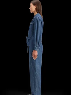 Discount Scotch & Soda LIGHTWEIGHT DENIM JUMPSUIT IN DARK WASH WITH TONAL DETAILING WashedIndigo