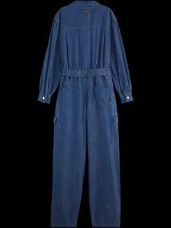 Discount Scotch & Soda LIGHTWEIGHT DENIM JUMPSUIT IN DARK WASH WITH TONAL DETAILING WashedIndigo