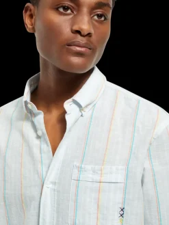 Fashion Scotch & Soda Regular fit yarn-dyed stripe cotton linen shirt Blue/WhiteStripe