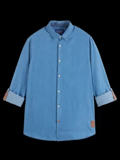 Online Scotch & Soda Smart indigo lightweight denim shirt with sleeve adjusters WashedIndigo