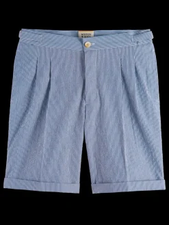 Sale Scotch & Soda Twilt-  striped cotton-blend pleated seersucker short EcruNavyStripe