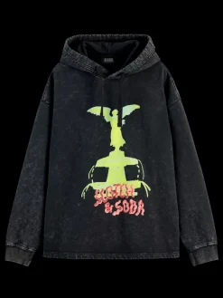 Online Scotch & Soda Washed artwork relaxed fit hoodie Black