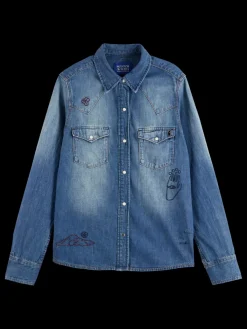 Discount Scotch & Soda WASHED REGULAR FIT DENIM WESTERN SHIRT WITH EMBROIDERIES WashedIndigo
