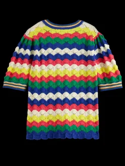Hot Scotch & Soda WAVE STITCH KNITTED SHORT SLEEVE PULLOVER PinkWaveStripe