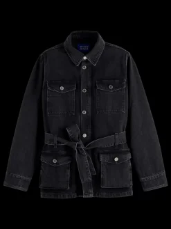 Clearance Scotch & Soda WORKED OUT BLACK CARGO DENIM JACKET  WITH BELT CityBuzz